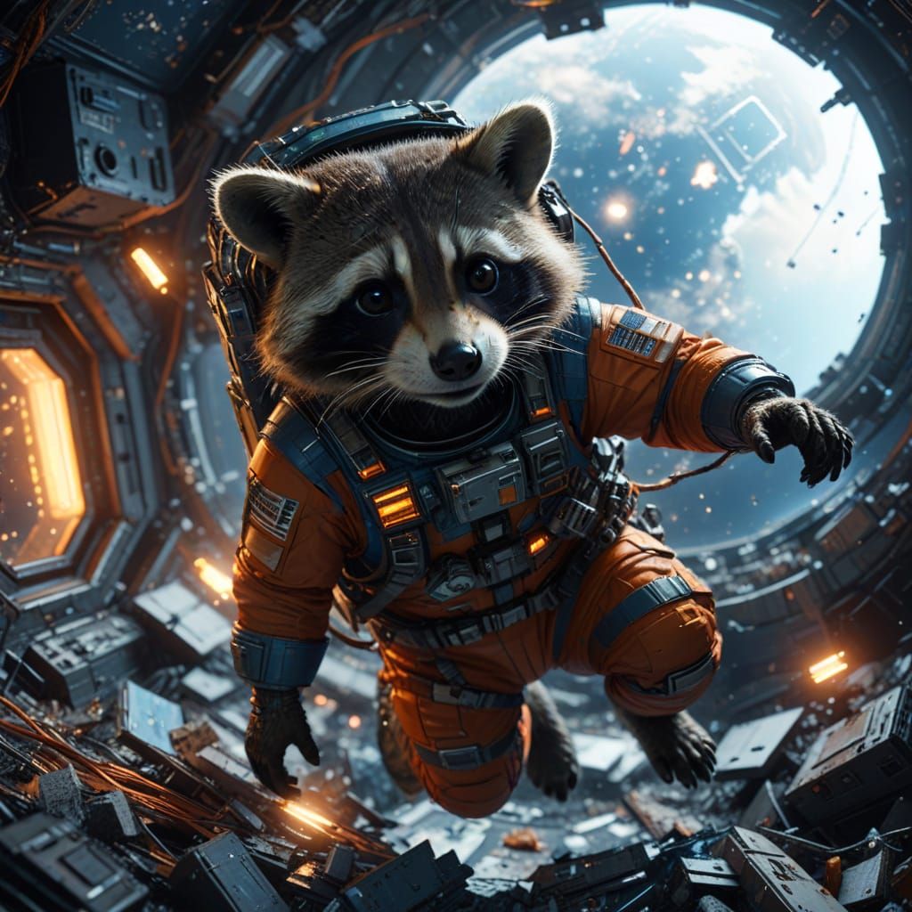 Raccoon Astronaut in Space Station: Digital Matte Painting