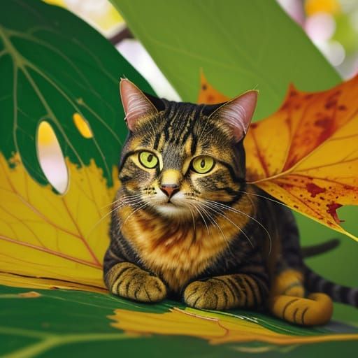 Cat Hiding Under Leaf in Expressionist Splatter Art