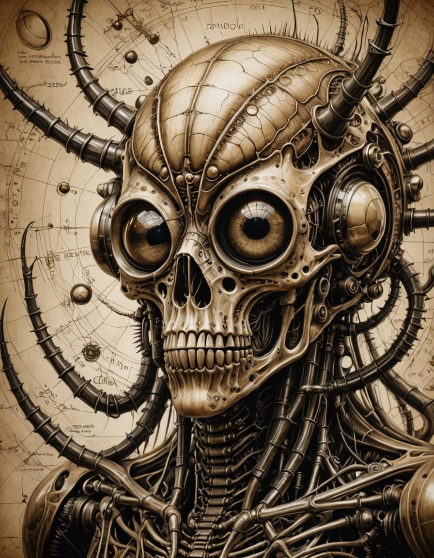 Exotic Fungus Biological Drawing in Sepia Tones