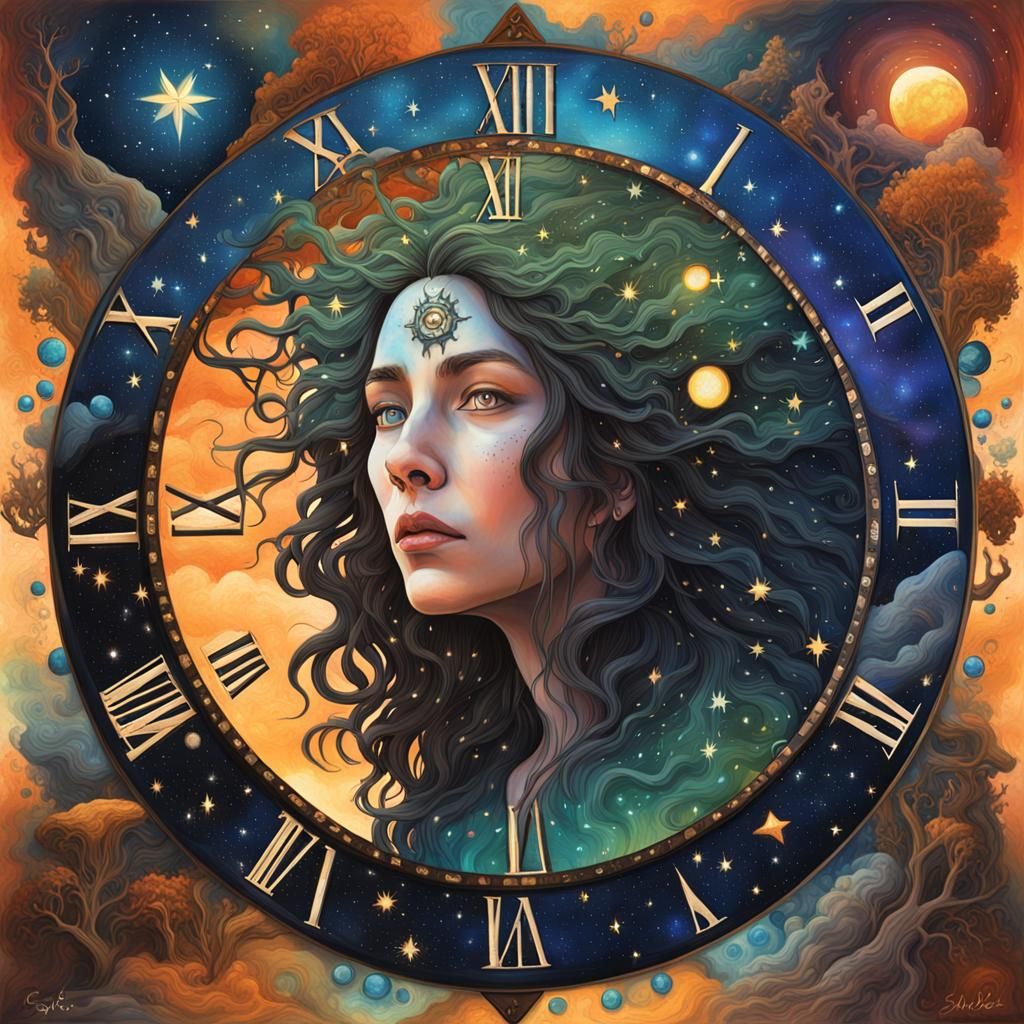 Enchantress with Celestial Clock in Hyperrealistic Style