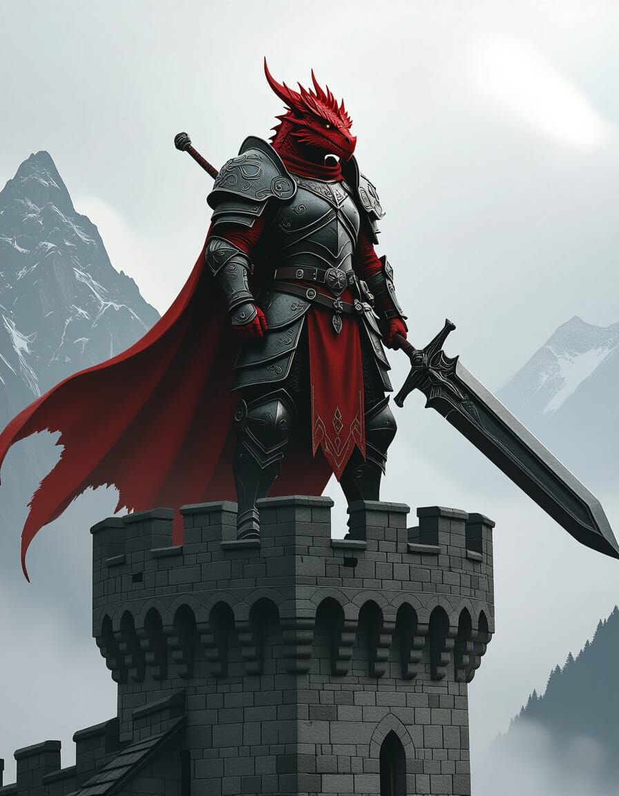 Dragonborn Warrior on Castle Tower Digital Painting