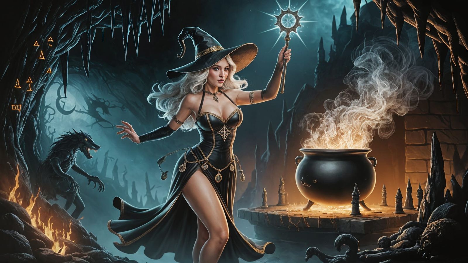 Mystical Sorceress in a Dark, Emberlit Cave