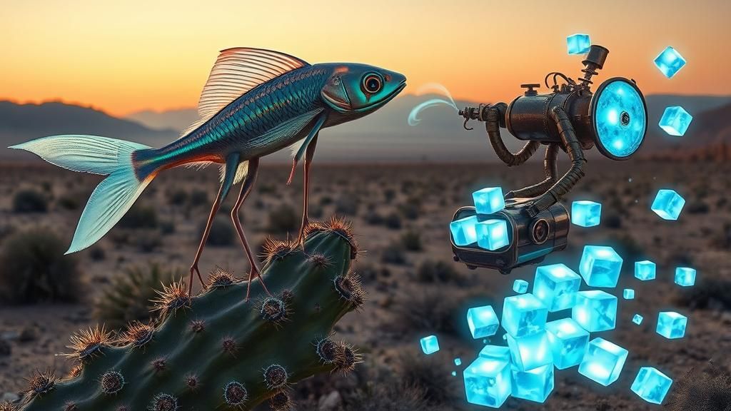 Alien Fish Ascends Cactus in Steampunk Desert