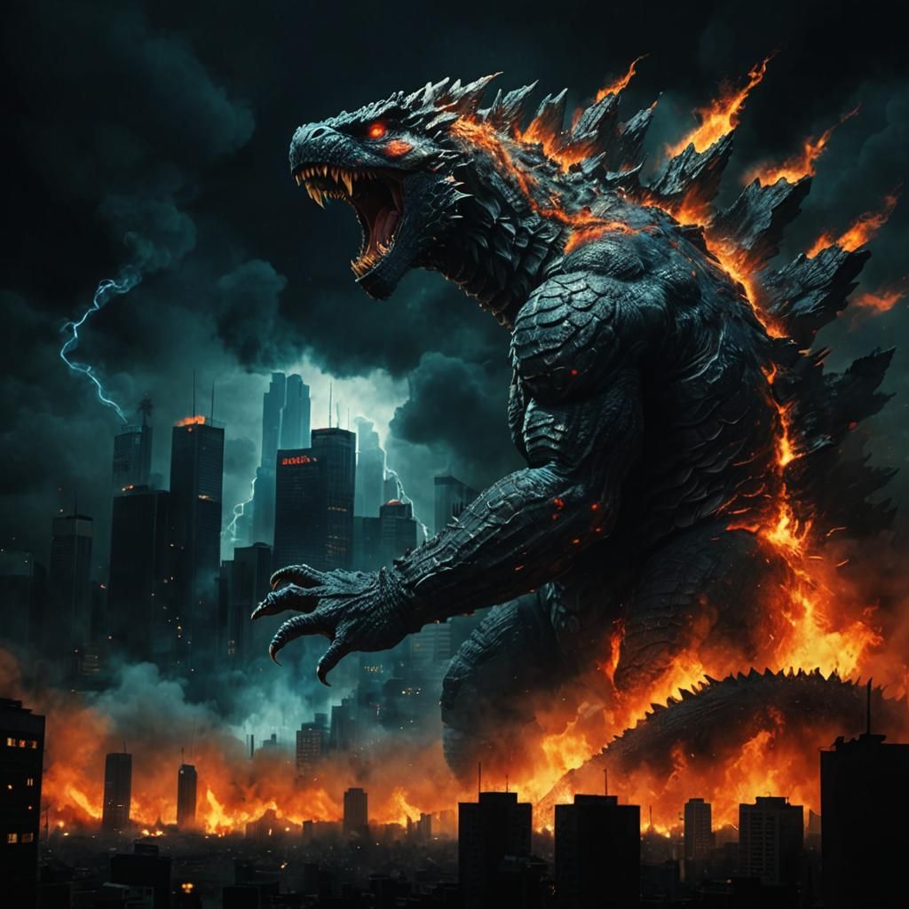 Godzilla Roars Amidst Burning Tokyo: Kaiju Concept Art