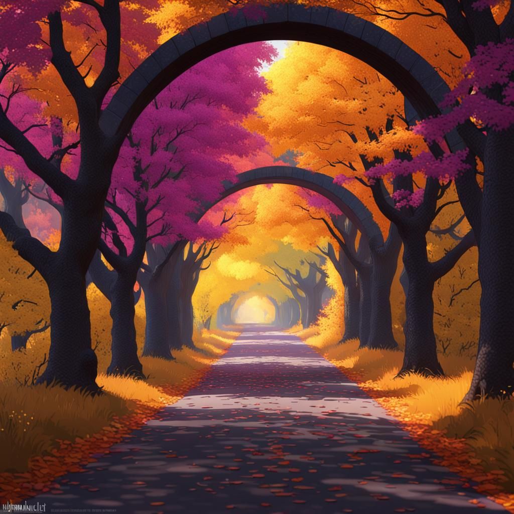 Autumn Tree Tunnel in Dark Fantasy Style