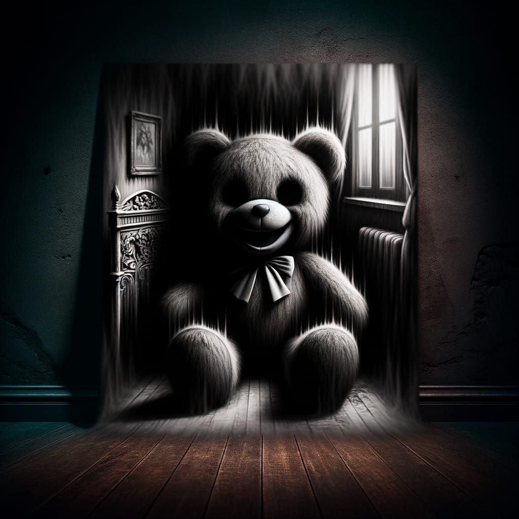 Sinister Shadow Teddy Bear in Dark Room