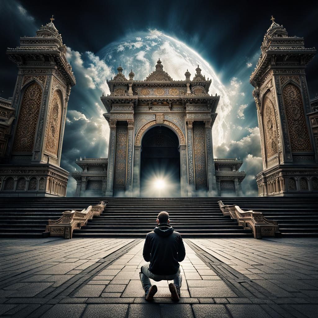 Man Kneeling Before Heaven's Gate in Hyperrealism