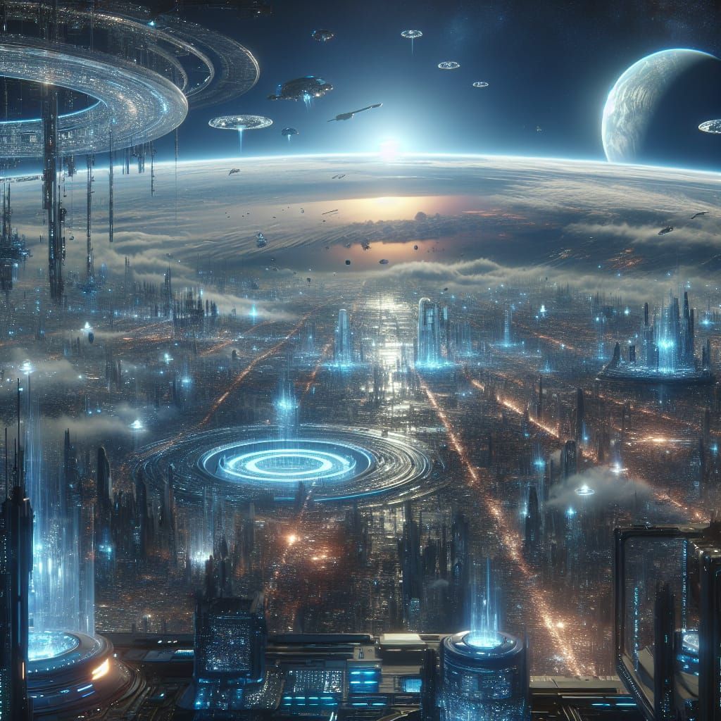 Cyberpunk Space City 2100 With Earth View