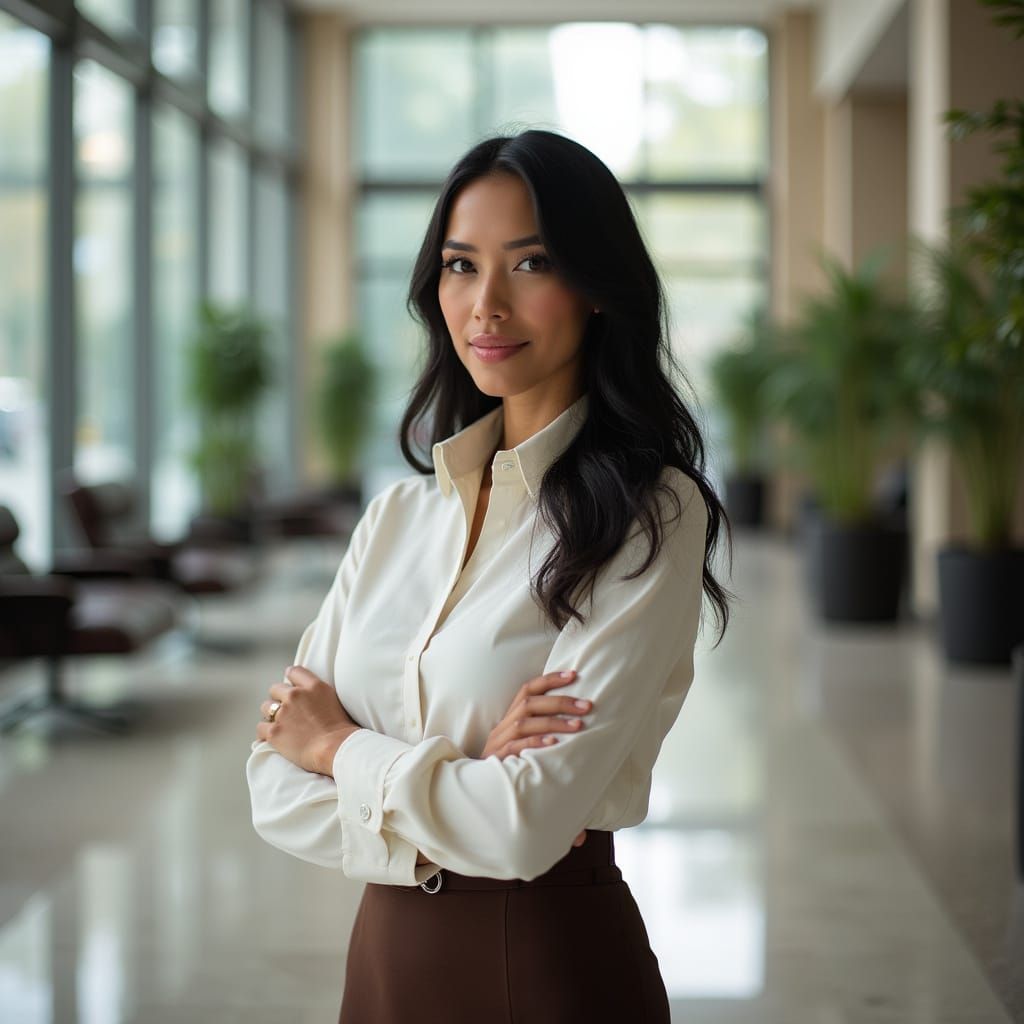 Native American Woman in Office Lobby, Hyperrealistic Photo