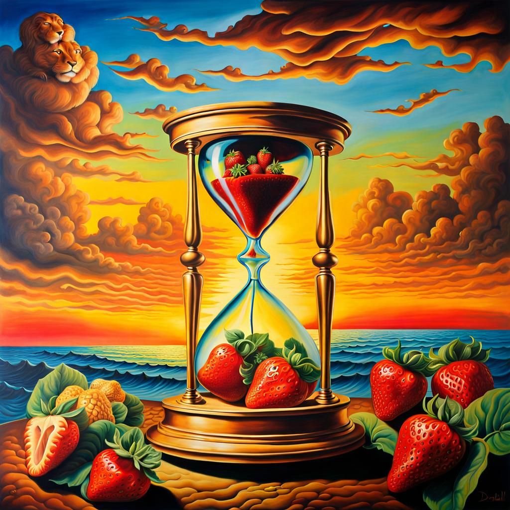 Surreal Hourglass of Lions Over Strawberry Fields