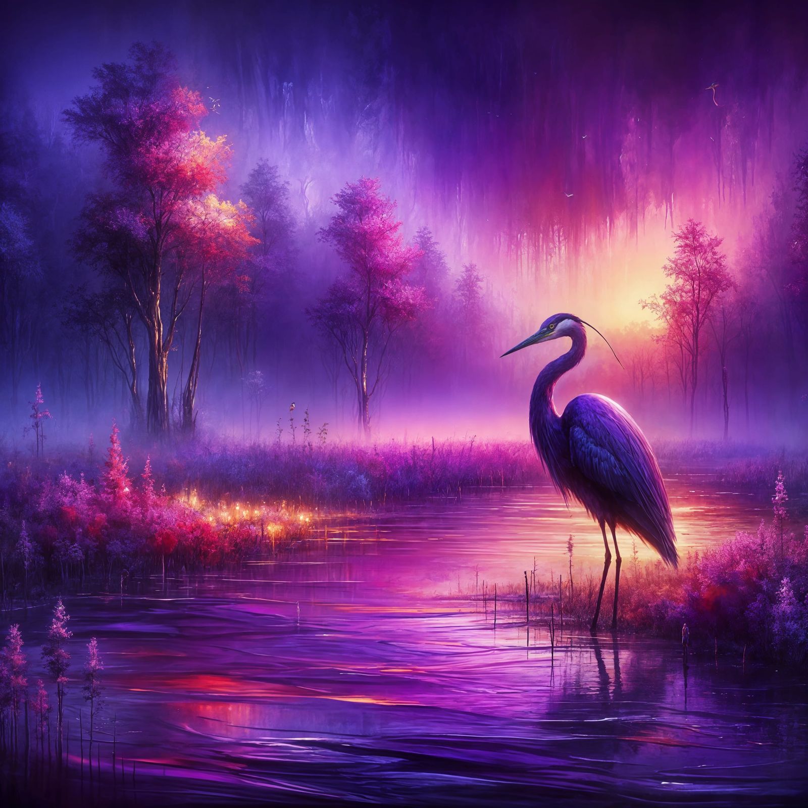 Purple Heron in Misty Marsh, Romanticism Style