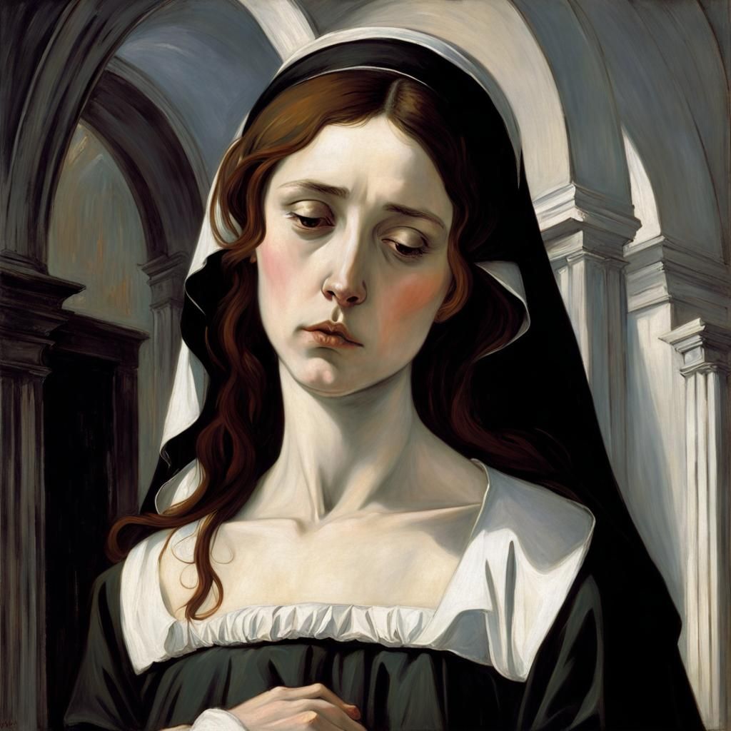 Sad Nun in Luminous Pre-Raphaelite Style