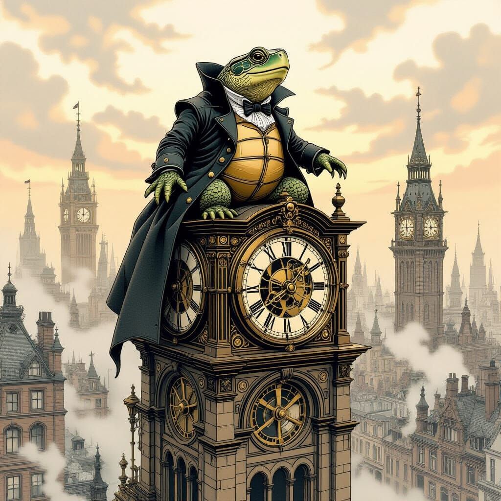 Victorian Turtle Serenades Clock Tower at Dawn