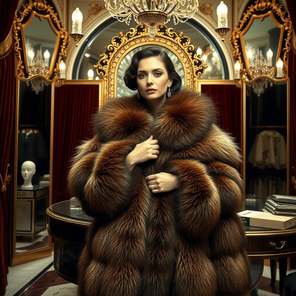 Luxurious Woman in Fur Coats Art Deco Portrait