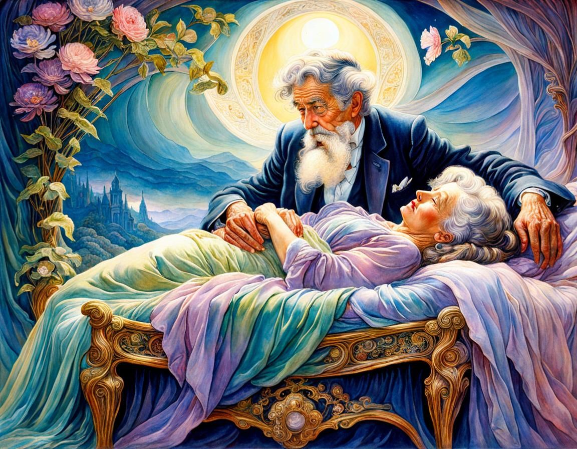 Art Nouveau Elderly Couple in Watercolor Impasto