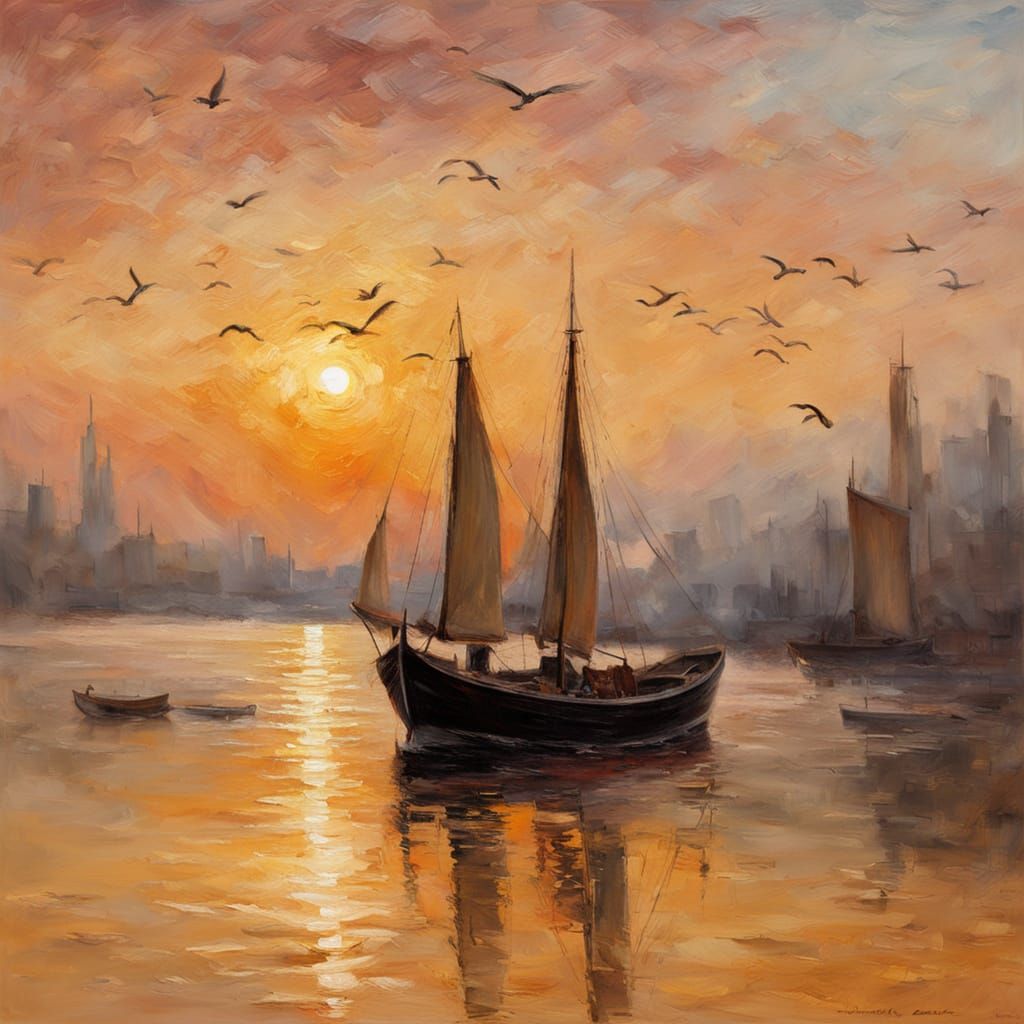 An impressionist painting of a fishing Boat at sunset