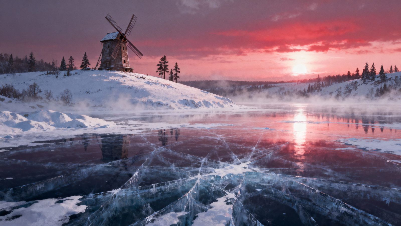 Old Windmill on Frozen Lake at Dawn