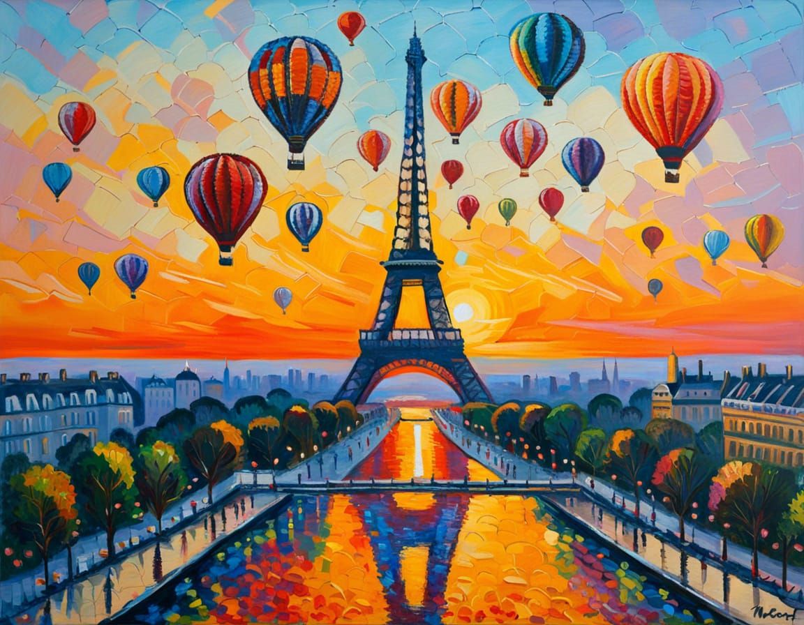 Air Balloons over Paris: Neo-Impressionist Sunset