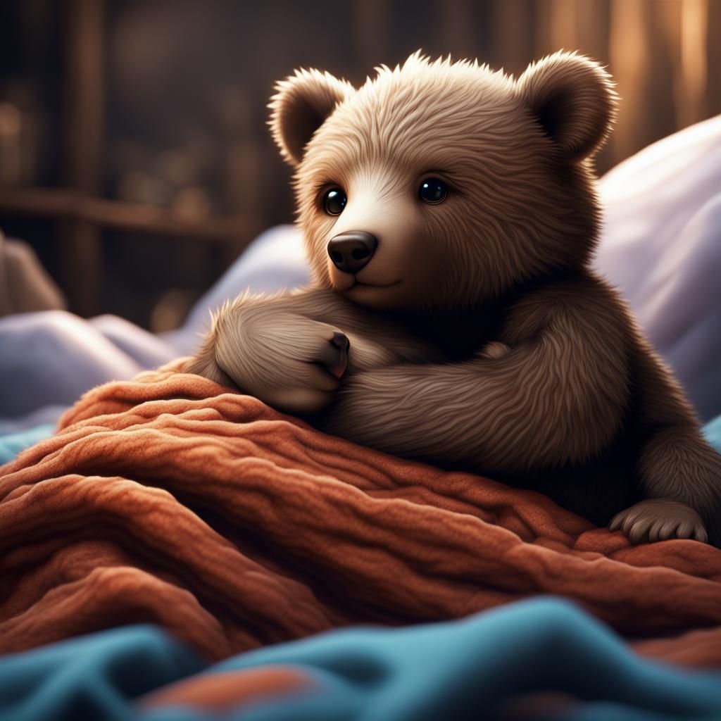 Cute Bear Cub with Furry Blankets