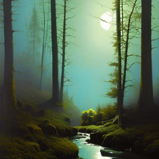 Moonlit Spooky Forest: Oil Painting