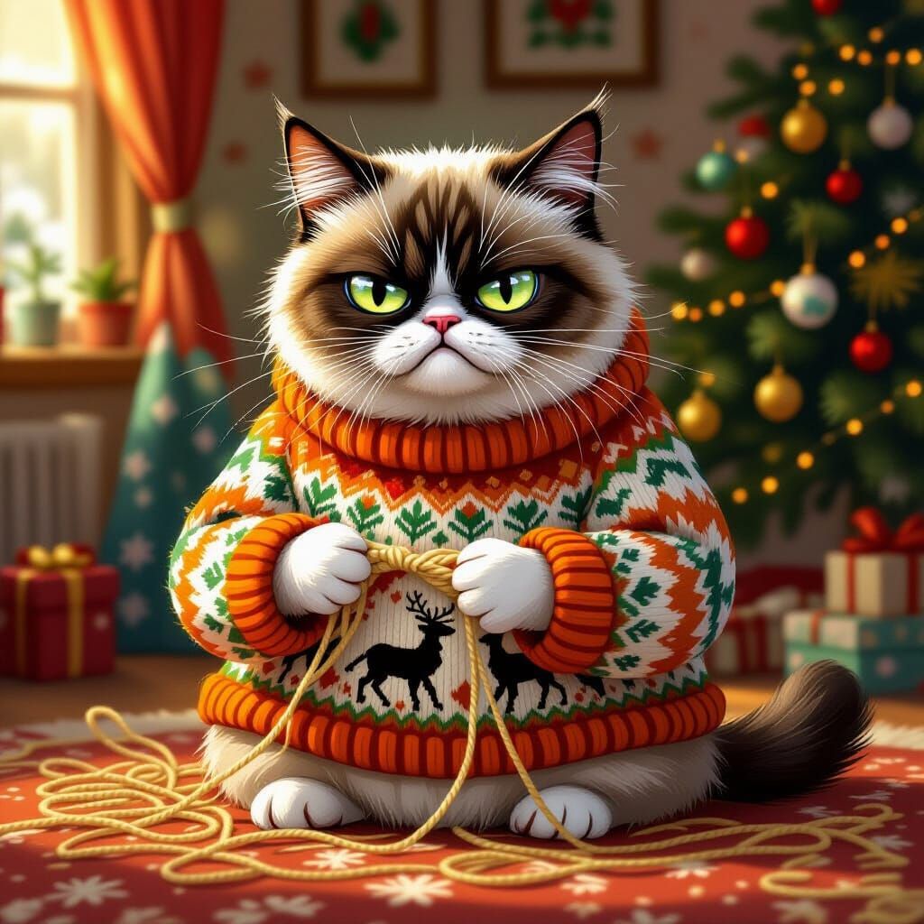 Grumpy Cat Knits Lopsided Christmas Sweater in Cozy Living R...