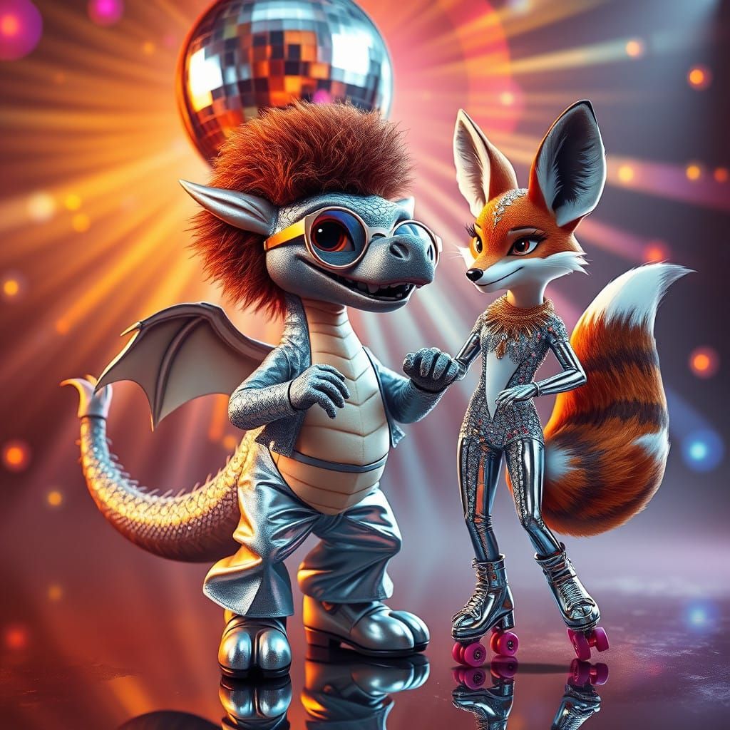 Shimmering Disco Dragon Dances with Disco Fox in Vibrant, Hy...