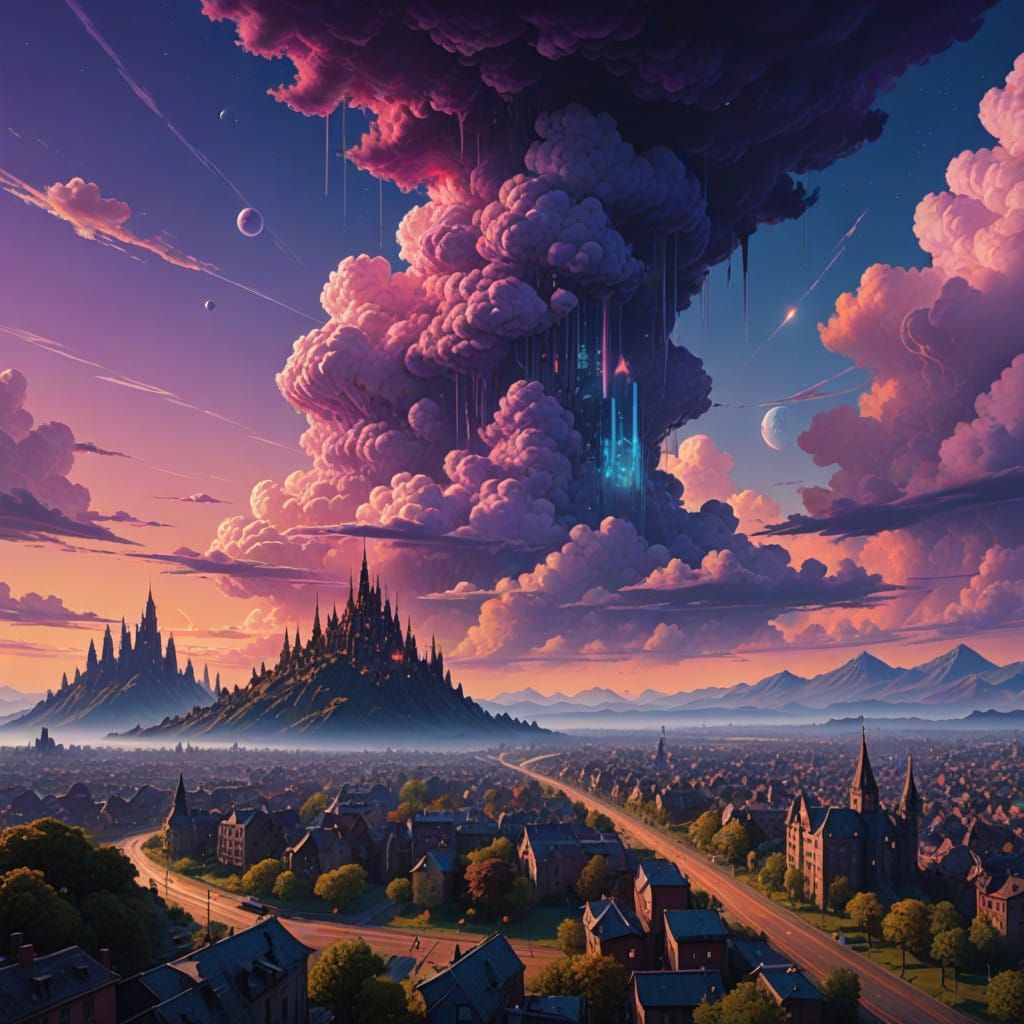 Dreamlike Landscape with Luminous Clouds and Crystalline Str...