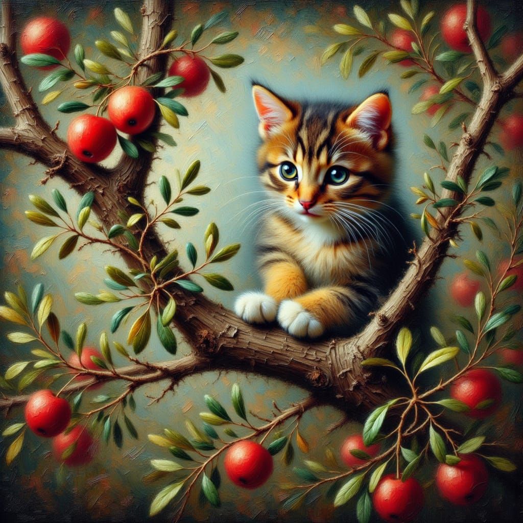 Curious Cat in Apple Tree - Realistic Oil Painting