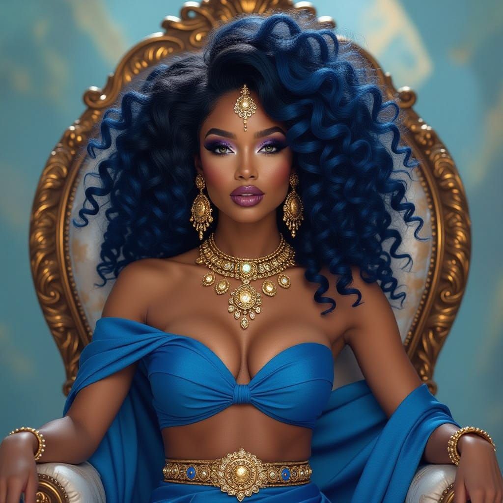 Regal Black Goddess with Voluminous Blue Hair and Elaborate ...
