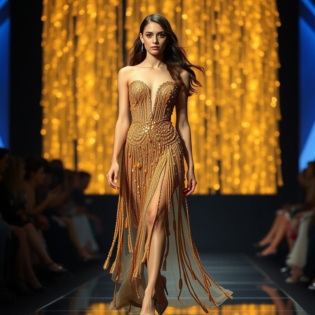 Model Showcasing Golden Beaded Dress on Runway
