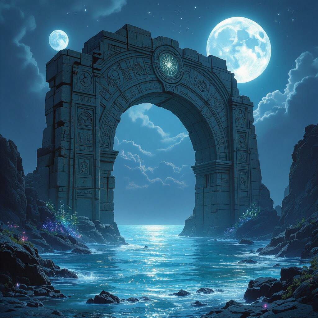 Ancient Stone Archway in Alien Ocean Under Twin Moons