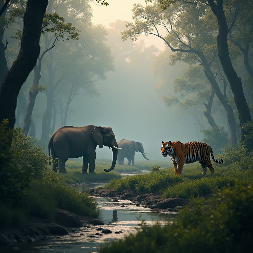 Tiger in Mystical Jungle Ambiance, Indian Elephants by River...