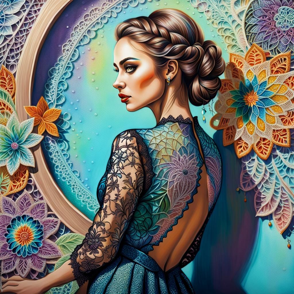 Lush Airbrush Portrait of Woman in Lace Dress