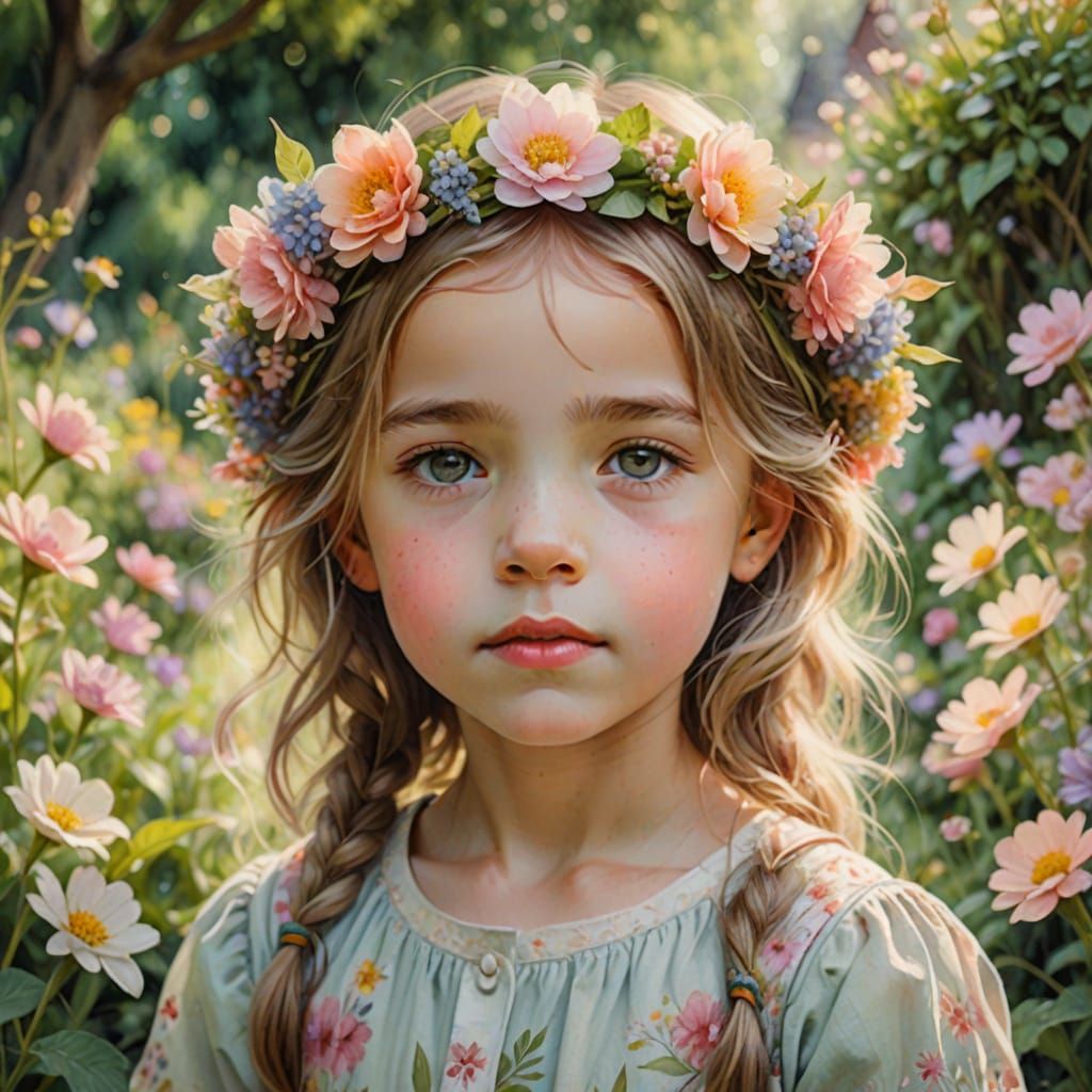 Child with Floral Crown in Watercolor Style