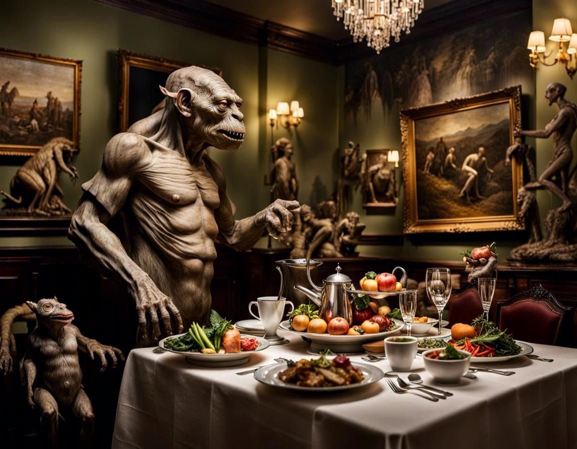 Surreal Restaurant with Bizarre Creatures, Detailed Painting