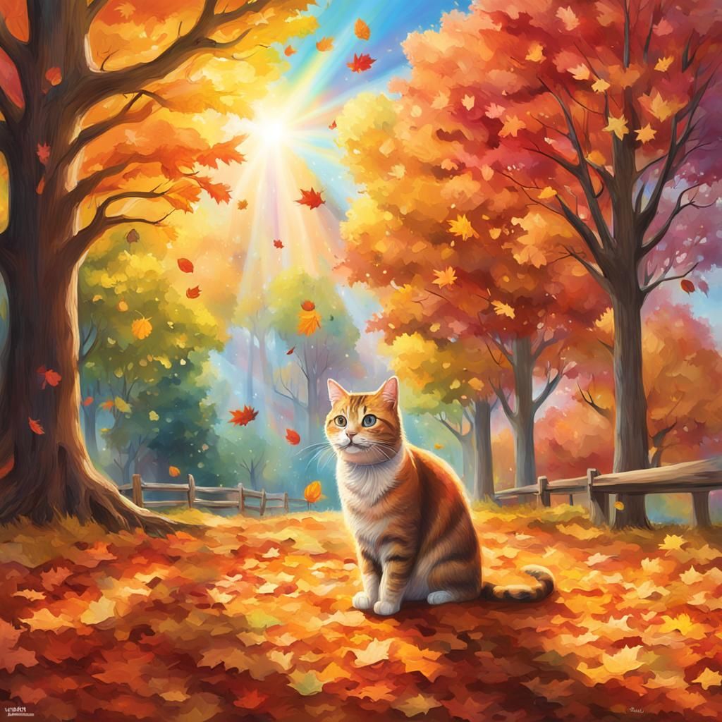 Smiling Cat in Autumnal Rainbow Scene