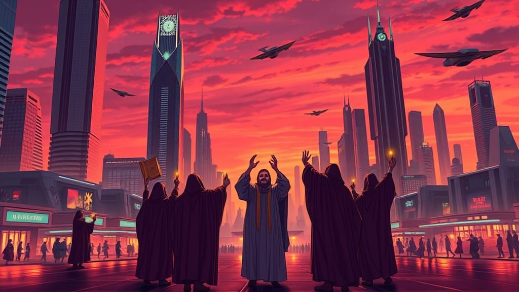 Retrofuturistic Cityscape at Dusk with Ancient Figures