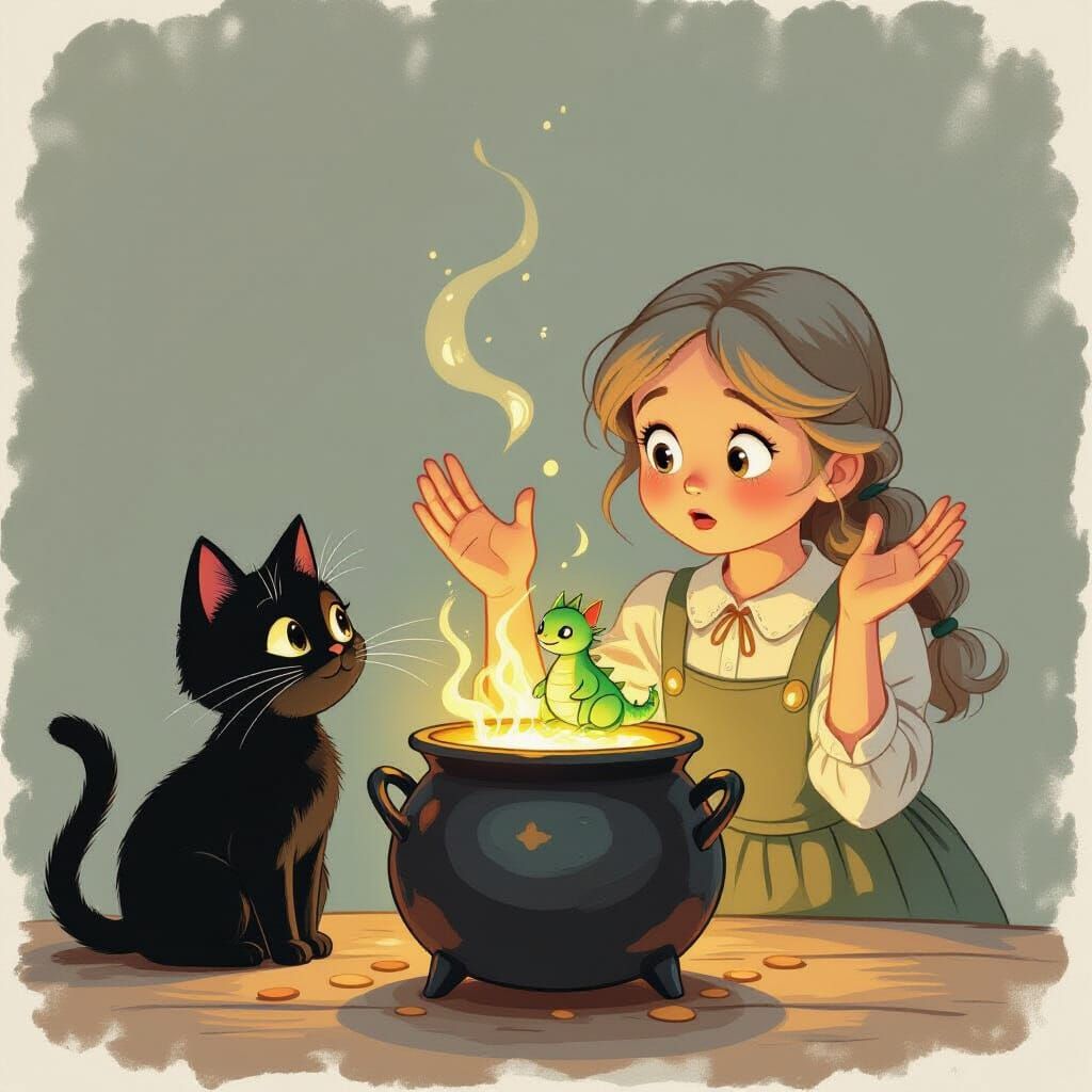 Whimsical Illustration: Girl and Cat Stare at Baby Glass Dra...