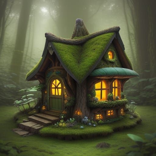 Whimsical Fairy House in Mossy Forest Glade