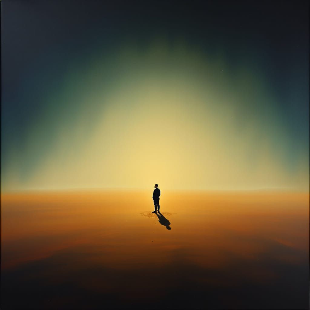 Surrealist Figure Contemplates in a Dreamlike Expanse