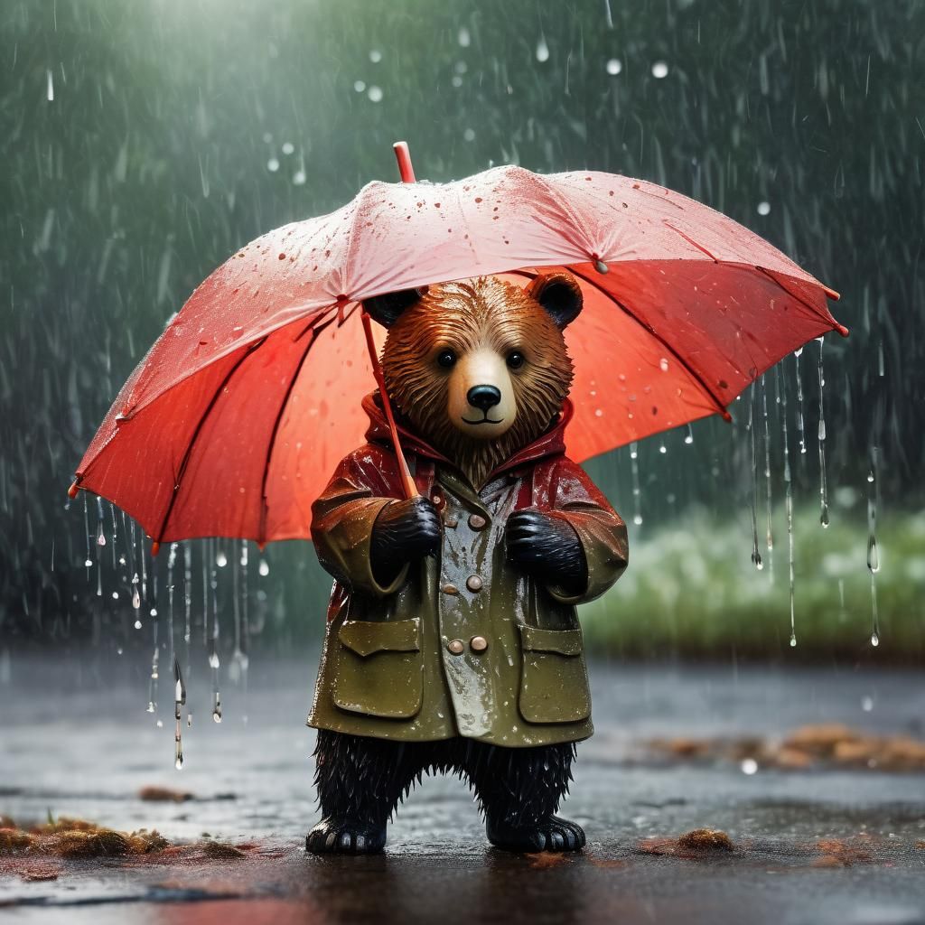 Cute Bear in Raincoat, Watercolor Illustration