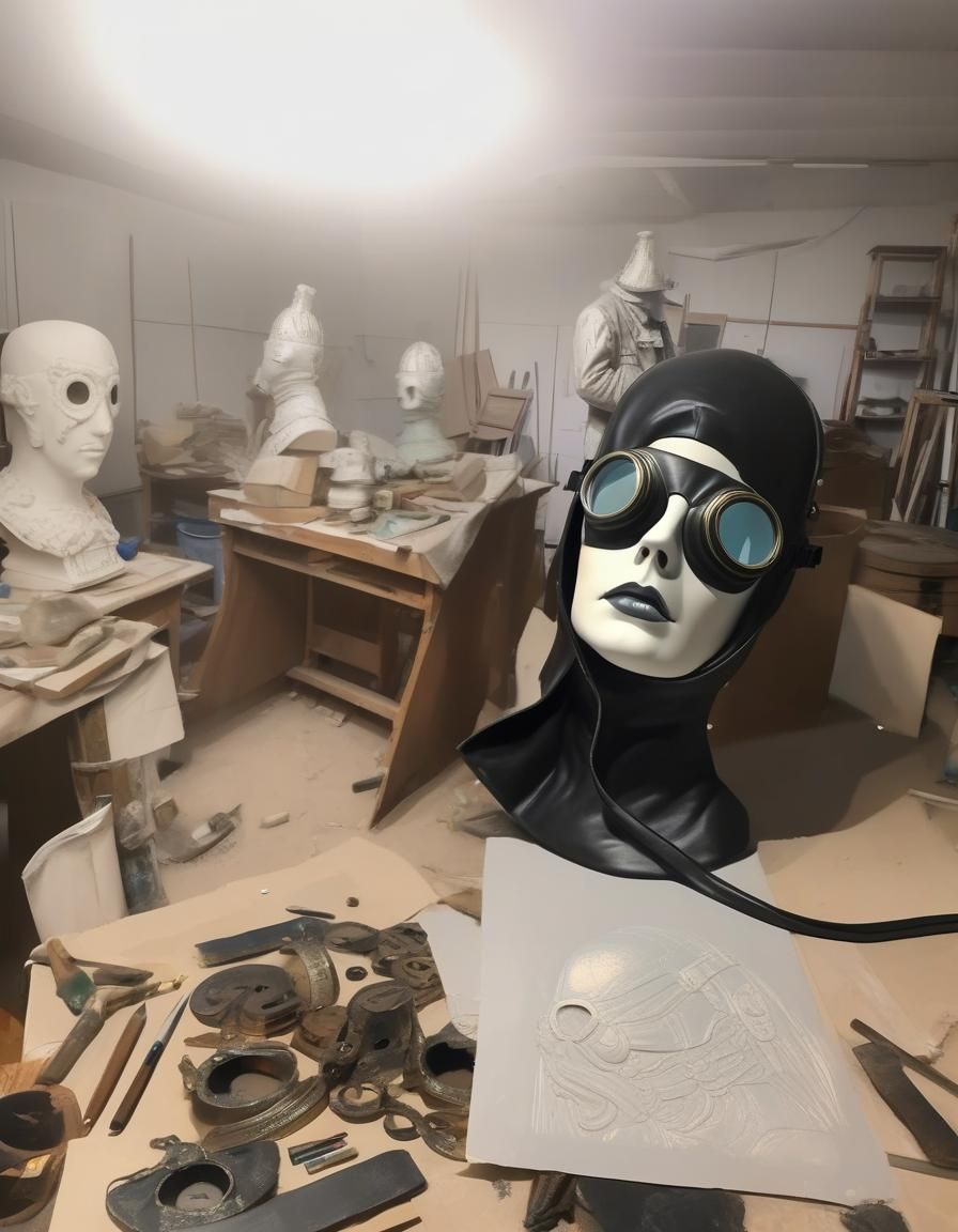Steampunk Latex Bust in Artist's Studio: 3D Artwork