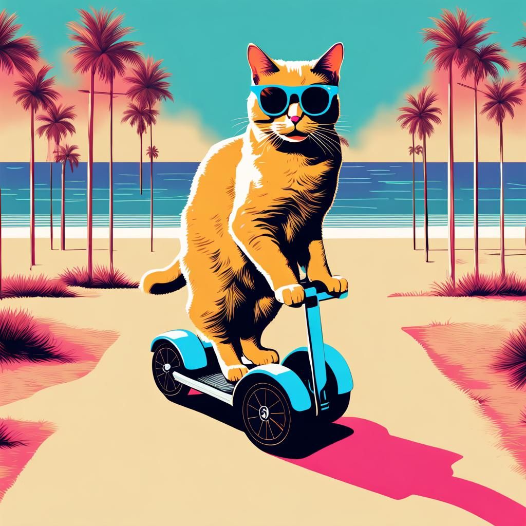 Cat on Segway: Pop Art Beach Scene