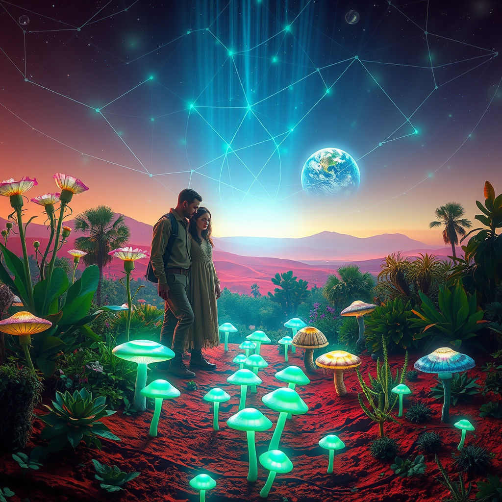 Lush Martian Garden with Glowing Alien Flora