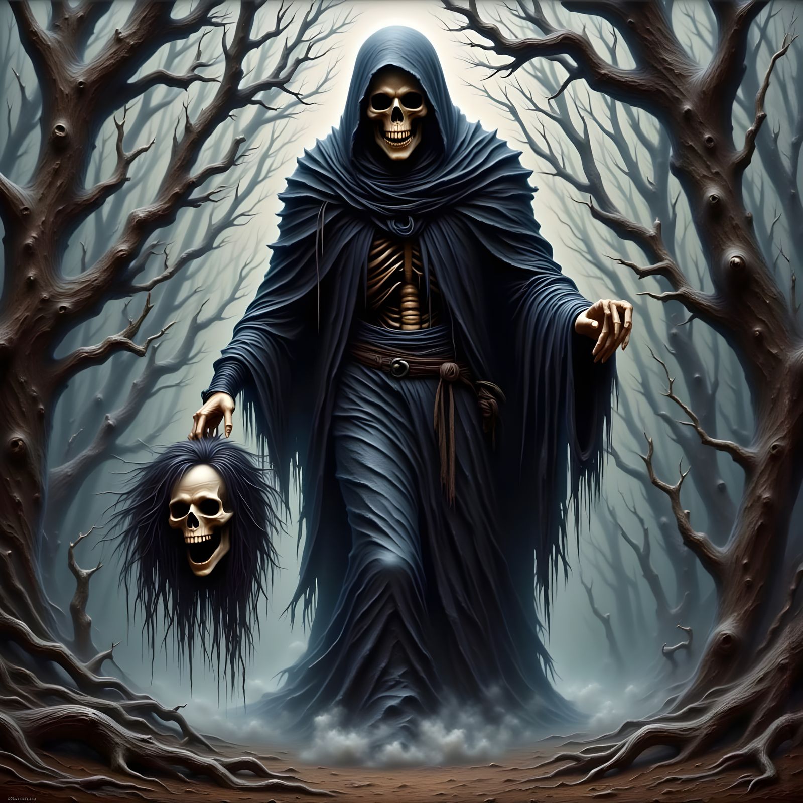 Skeletal Reaper Walks Haunted Forest
