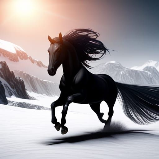 Black Horse Running in Snowy Landscape
