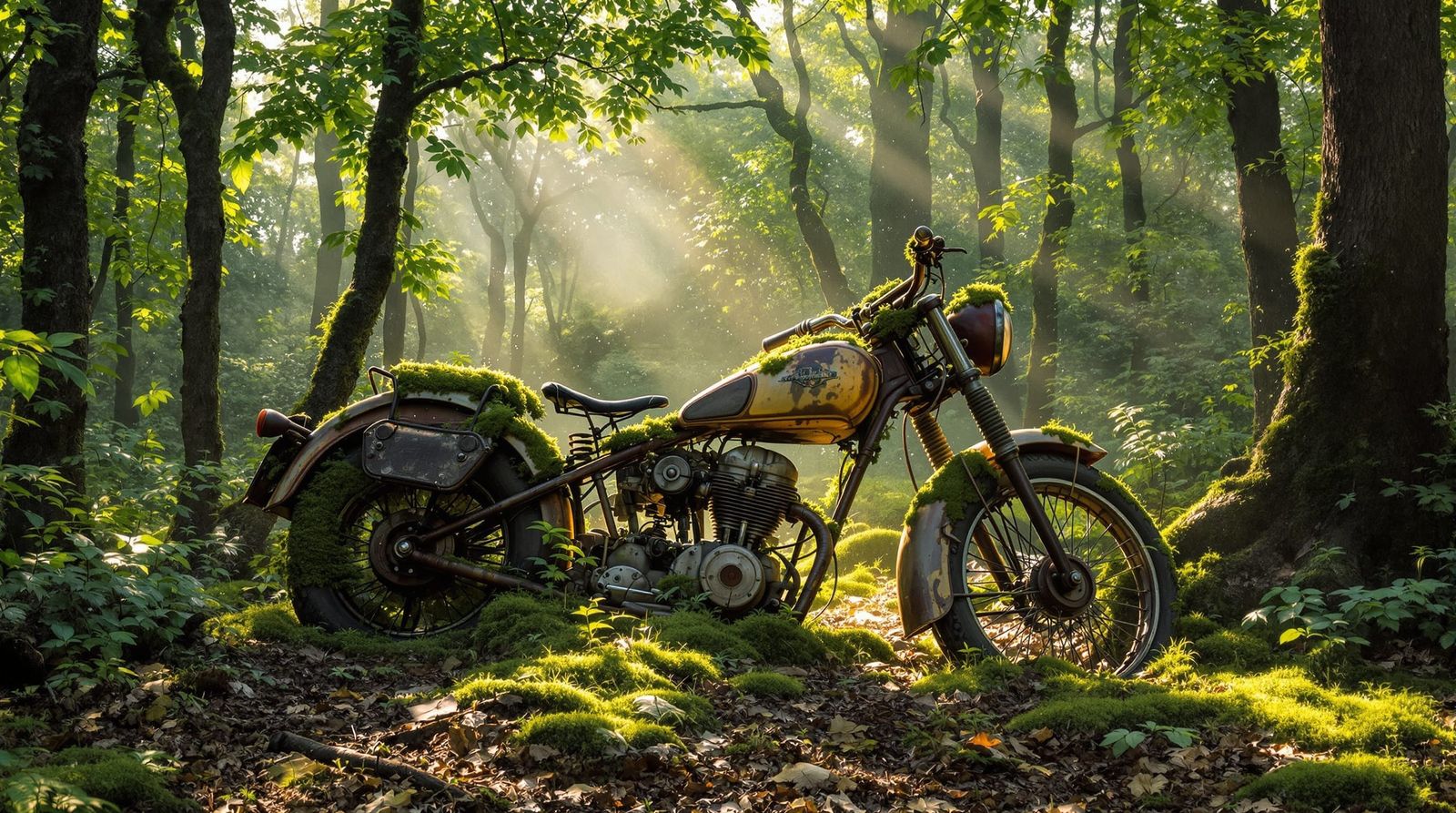 Abandoned Vintage Motorcycle in Sunlit Forest Clearing