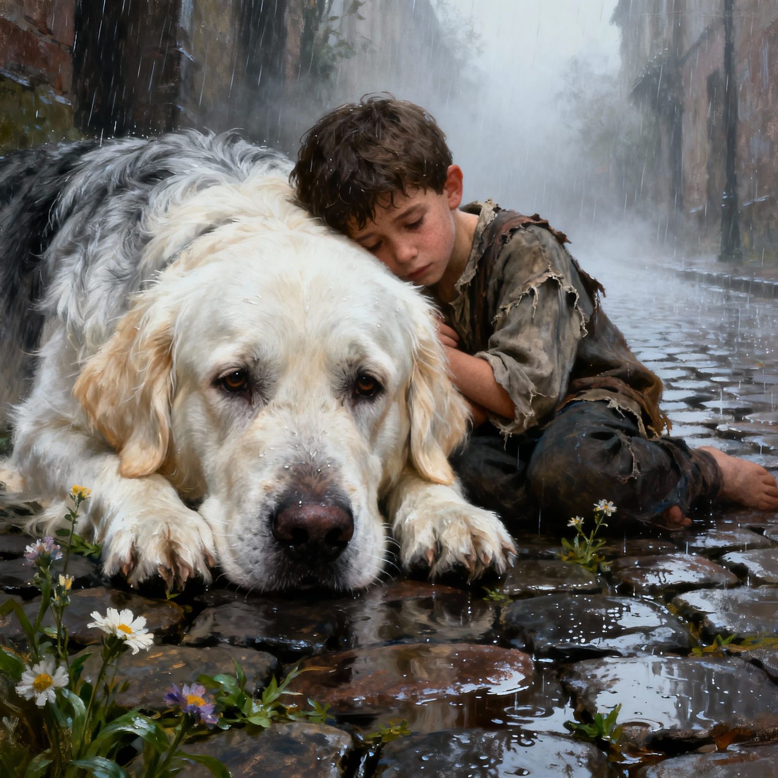 Sad Golden Retriever in Rain, Oil Painting