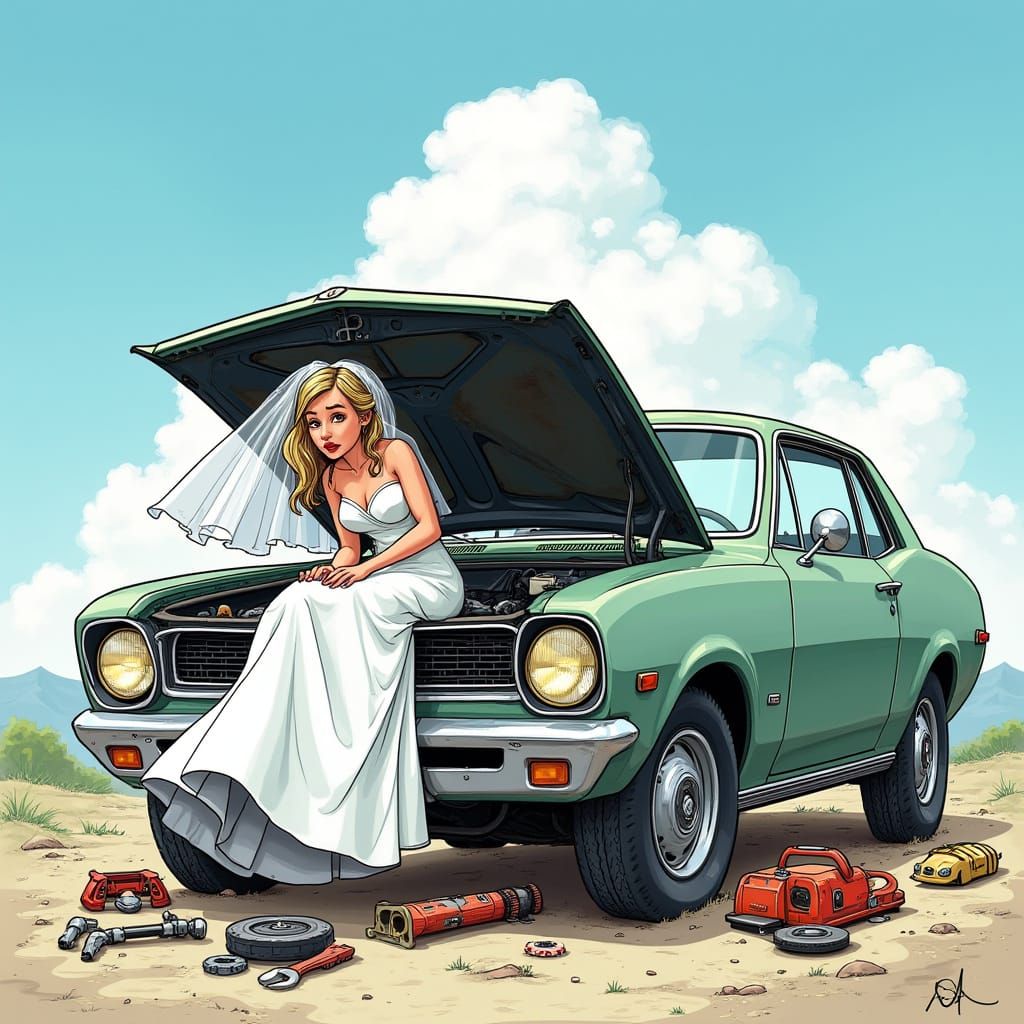 Distressed Bride in a Stalled Car: A Humorous Cartoon
