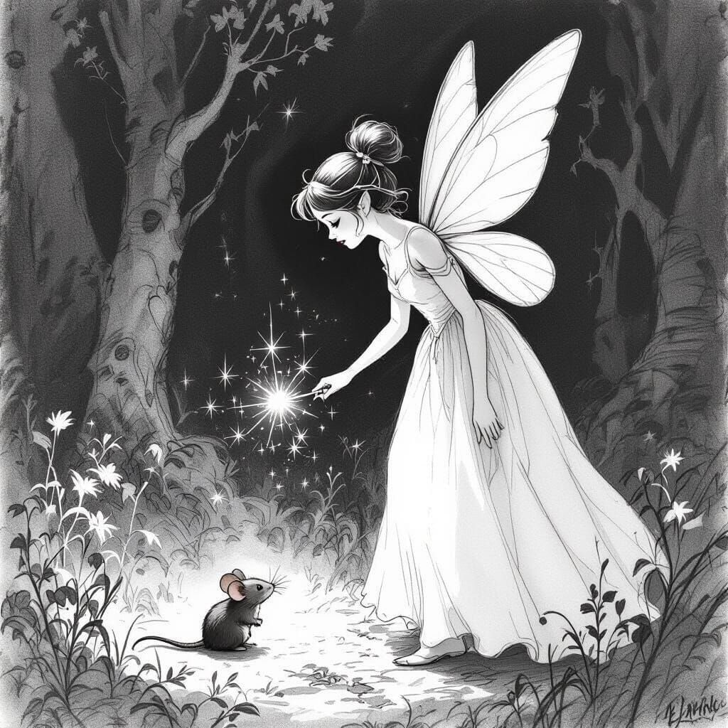 Disney-esque Fairy with Wand in Pencil Sketch Style